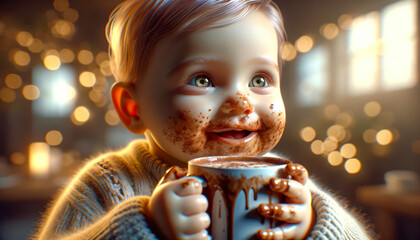 happy baby with a cup of cocoa