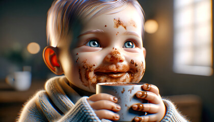 happy baby with a cup of cocoa - obrazy, fototapety, plakaty