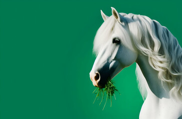 A white horse with a black nose and a black nose with green background, generative ai - obrazy, fototapety, plakaty