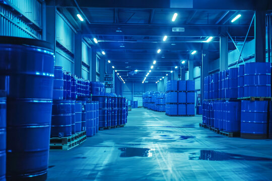 Inside a spacious distribution center with multiple blue industrial drums on pallets, the scene bathed in the blue tint of the ambient warehouse light.