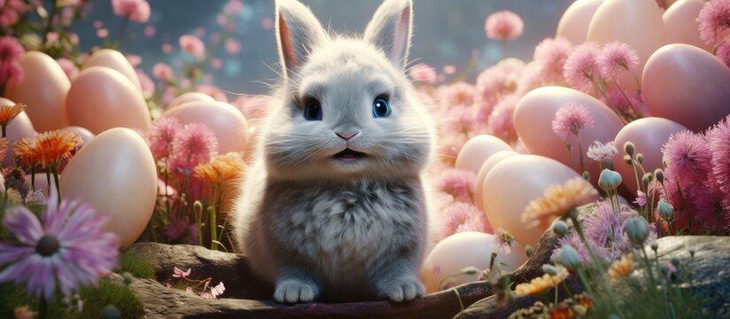 Adorable Chubby Rabbit Hatching from Giant Easter Egg in Whimsical Pastel Garden Setting