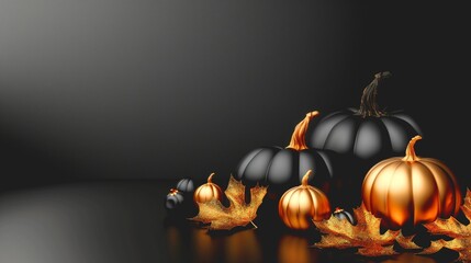 Promotional 3d Halloween banner with black and gold pumpkins on monotone black background in elegant minimalism style.