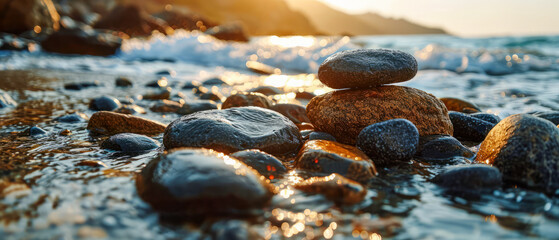 Smooth pebbles and rocks line the coastline, inviting you to emb