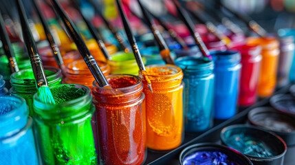 Artistic Array of Paintbrushes Resting in Jars of Blue, Green, Red, and Orange Paint, a Vivid...