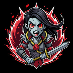 Fototapeta na wymiar Nightmare Warrior Channel your inner darkness to create a captivating t-shirt sticker featuring a sinister horror girl, her sword poised for battle against the unknown horrors lurking in the shadows