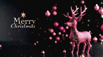 Fototapeta na wymiar 3d Christmas illustration Cozy shiny pink sequin reindeer on black background with 