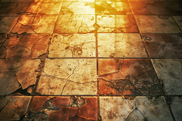 Photo of a weathered tiled floor with cracks and scattered debris illuminated by warm sunlight