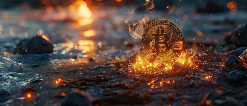 A close-up of a Bitcoin illuminated by a beach bonfire, highlighting the warmth and community of the crypto world