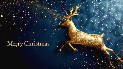 3d illustration on a blue background beautiful bright gold reindeer with glitter on a dark blue background with the words Merry Christmas. Banner to advertise Christmas winter sale.