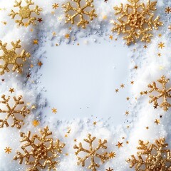 Christmas background with white snow, snowflakes and gold sequins, in the middle an empty background without text