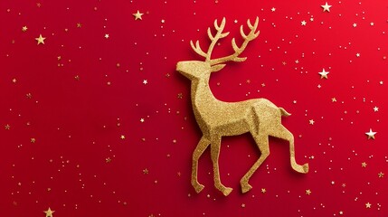 Obraz na płótnie Canvas 3d Christmas illustration Cozy shiny gold sequined reindeer on red festive background with snowflakes, website banner with minimalistic and elegant design