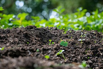 Organic Garden Compost Pile, Eco-Friendly Soil Fertilizer, Close-up Nature Photography