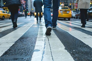 People legs crossing busy pedestrian crossing in City, urban street scene - obrazy, fototapety, plakaty