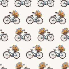 Seamless summer pattern. Bicycle with a basket of flowers