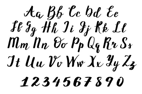 Hand drawn alphabet with capital letters. Lettering vector font. Numbers and letters.