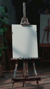 Single one easel with white empty blank canvas in dark interior of exhibition studio artist workshop. Front view. Mock up for artwork image, paint creative space. vertical video reels