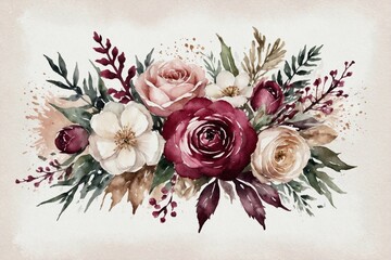 watercolor pink, white and burgundy color wedding bouquet of flowers