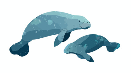 Mom and baby manatee Mothers day card  flat vector 