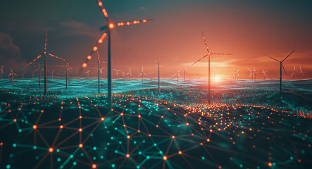 Advanced AI monitoring renewable wind turbines energy grids. Sustainability innovation concept - obrazy, fototapety, plakaty