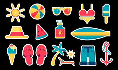 Set of summer beach stickers, collection of graphic design elements and labels with summertime vacation objects. Vector illustrations.
