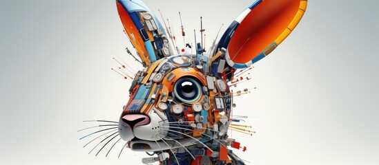 Geometric Rabbit Perched on a Robot's Head - A Minimalist 3D Blending Whimsy and Innovation