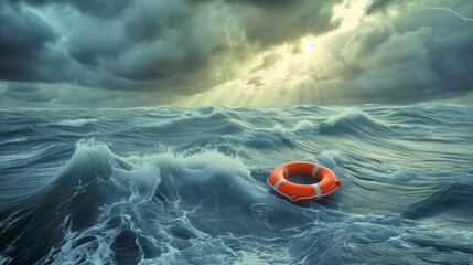A lifebuoy in the stormy waves of a stormy sea. concept of assistance, insurance in life and business - obrazy, fototapety, plakaty