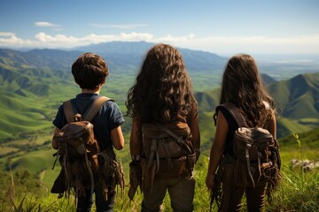 Three young travelers stand against the backdrop of a green valley and mountains, demonstrating a thirst for travel and adventure. - obrazy, fototapety, plakaty
