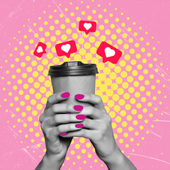 Coffee collage modern art design, mockup of female hand holding hot coffee paper cup on pink background.