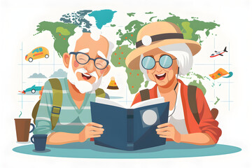 An elderly touristic couple read book and planning a travel itinerary. vacation