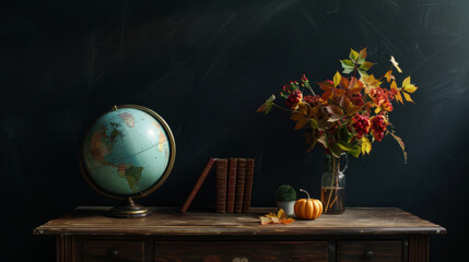 Globe and autumn bouquet on a desk, educational still life, back-to-school theme, chalkboard background. Banner, copy space