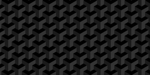 Vector dynamic square cube geometric structure hexagon modern block black backdrop design. Abstract cubes geometric tile and mosaic wall or grid backdrop hexagon technology wallpaper background.