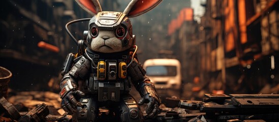 Robotic Rabbit:A Fusion of Cartoon and Machine in a Gritty Urban Scene - obrazy, fototapety, plakaty