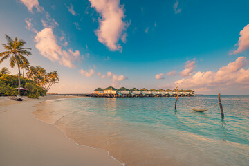Amazing beach landscape. Beautiful Maldives sunset seascape view. Horizon palms colorful calm bay...