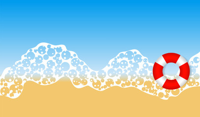 Sandy beach, top view. Coastline, surf and lifebuoy. Vector illustration - 770527170