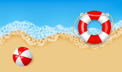 Sandy beach, top view. Coastline, surf, lifebuoy and beach ball. Vector illustration - obrazy, fototapety, plakaty