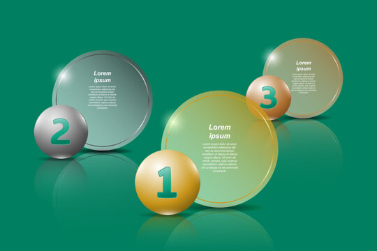 Golden, silver and bronze 3D spheres and transparent round panels for text