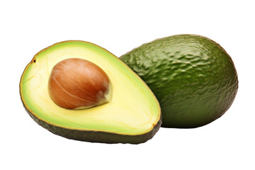 Halved and Whole Avocado Side by Side. On a White or Clear Surface PNG Transparent Background.