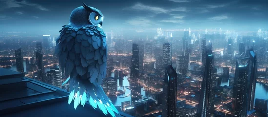 Poster A Robotic Owl Guardian Surveying a Futuristic Cityscape from Atop a Towering Skyscraper © Sittichok