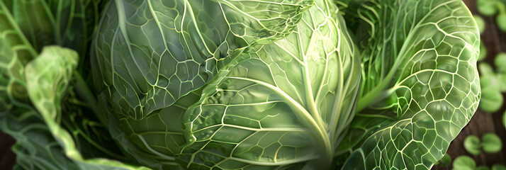 green cabbage in the field, Healthy Green Cabbage Leaves on Green Surface.  - obrazy, fototapety, plakaty