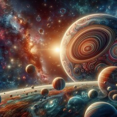 A surreal space scene with layered galactic orbs dancing amidst cosmic dust and nebulae, evoking a sense of wonder. AI generation - obrazy, fototapety, plakaty