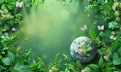 Happy Earth Day illustration background with green plants and round earth in the middle to celebrate April 22 world earth day, Generative AI - obrazy, fototapety, plakaty