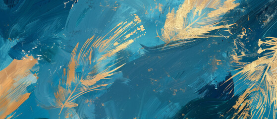Abstract blue and gold brushstrokes on canvas evoking a sense of dynamic creativity.