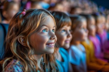 Side view of a children audience enjoying a kids concert or movie with happy smiling faces, Generative AI