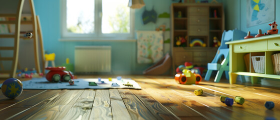 Playful chaos in a child's sunlit room with toys scattered on wooden floor. - Powered by Adobe