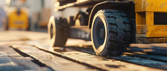 Fotobehang Close-up of a heavy-duty tire rolling on a sunlit industrial site. © Ai Studio
