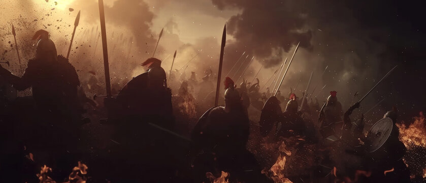An intense medieval battlefield engulfed in flames and smoke at dusk.