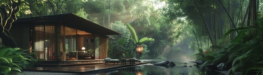 Ecofriendly bamboo house in a lush forest natural lighting innovative architecture serene ambiance