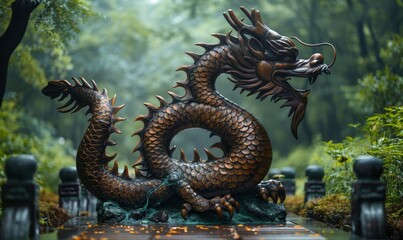 Chinese dragon sculpture in middle of green forest representing 2024 chinese new year sign the wood dragon, Generative AI