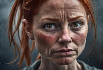 50 year old redhead woman with brown shiny eyes, red hair  deeply depressed expression. - obrazy, fototapety, plakaty
