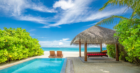 Tropical relax, outdoor tourism landscape. Luxury beach resort with private swimming pool and beach...